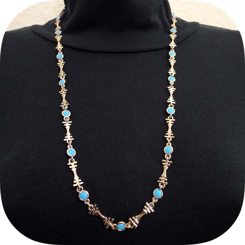 Vintage Silver Tone Costume Long Faux Turquoise Stone Necklace 26"